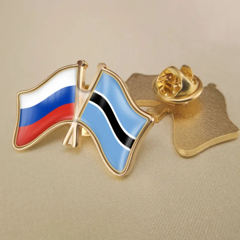 Russian Federation and Botswana Crossed Double Friendship Flags Lapel Pins Brooch Badges