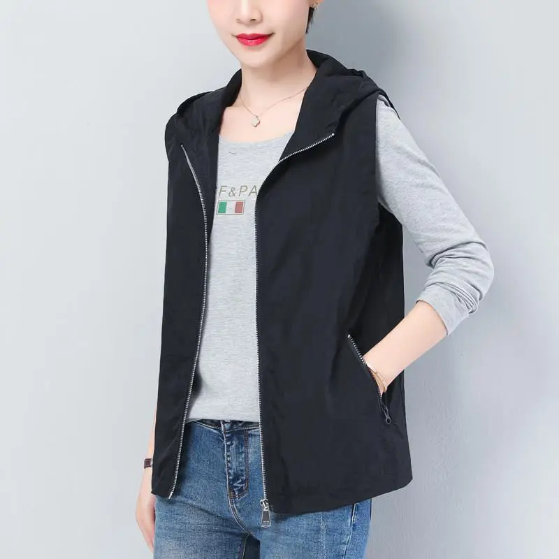 Double Layer Women Vest Spring Summer Waistcoats Hooded Air Conditioner Thin Sun Protection Vest Ladies Sleeveless Jacket 5XLB