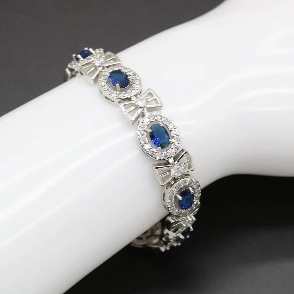 XUTAAYI Luxury Jewelry Earrings Silver Wedding Jewelry Sets For Women Blue Sapphire Bracelet Rings Bridal Pendant Necklace Set