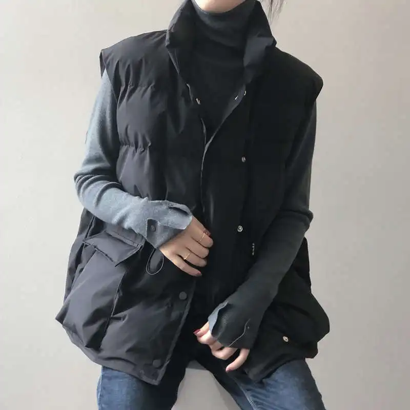 Fashion Loose Down Cotton Vest For Women Single-Breasted Sleeveless Winter Jacket Women Thicken Padded Coat Warm Waistcoat C7768