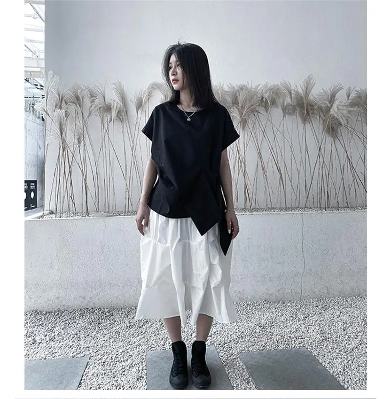 Summer new women's thin tie waist design pleated round collar pure color short-sleeved T-shirt fashion go with everything