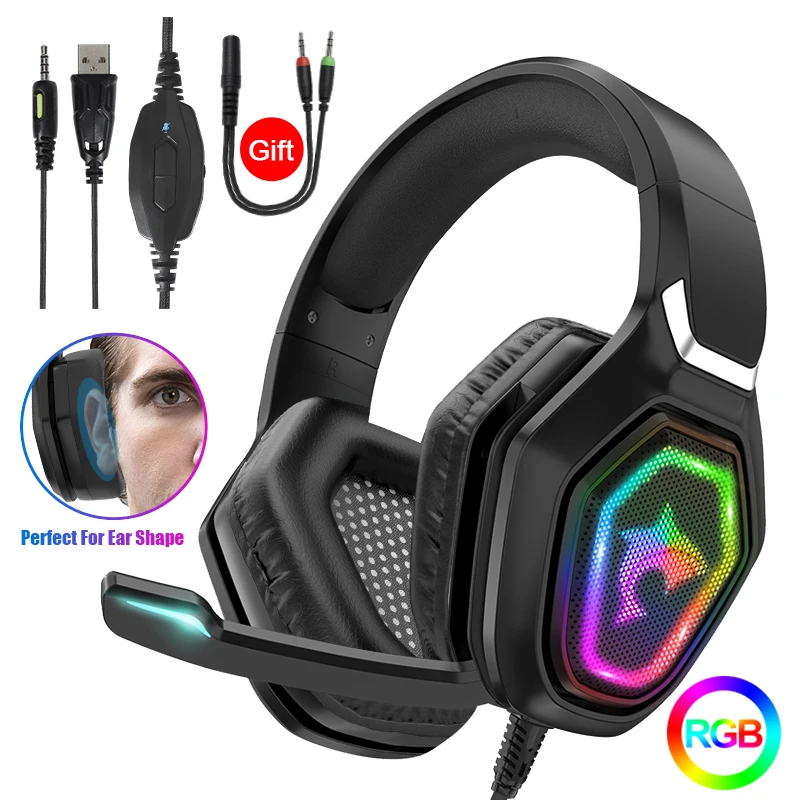 Noise reduction Headset Gamer With HD Microphone RGB Light 7.1 Surround sound USB+3.5MM Plug Wired headset For laptop/PS4/xbox