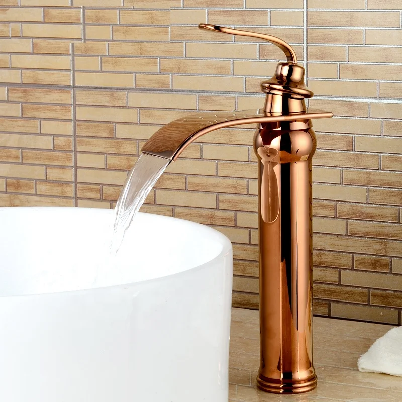 Popular Brass Rose Gold Waterfall Bathroom Sink Faucet Mixer Single Hole Washbasin Cold Hot Water Tap XR1352