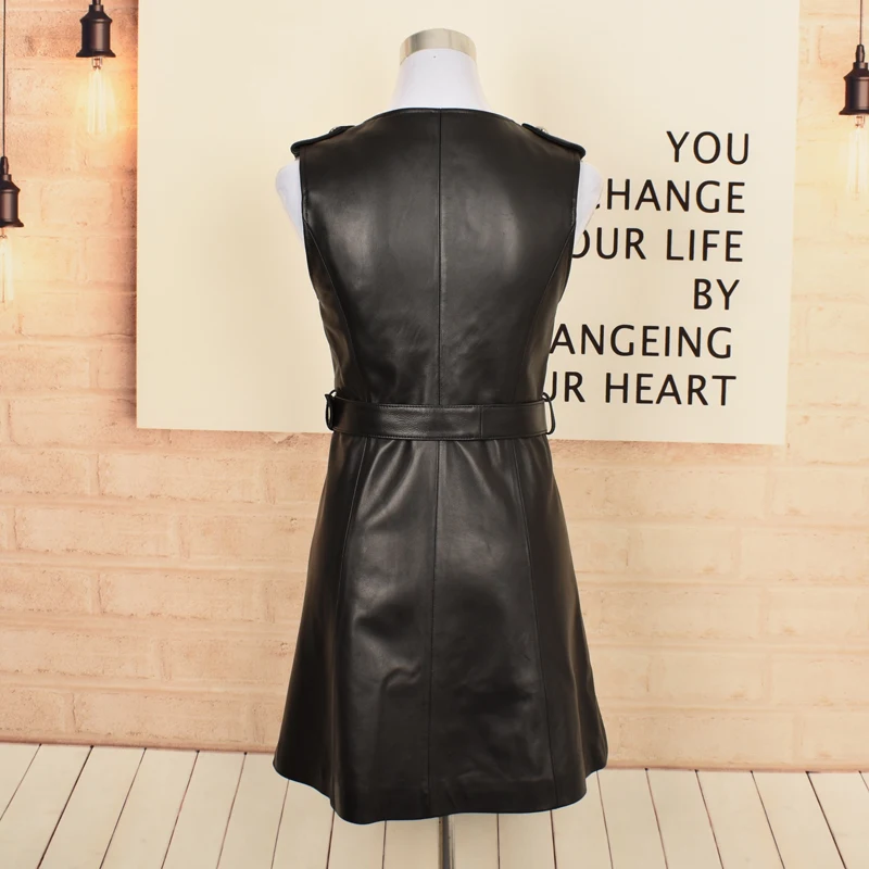 Women O-Neck Genuine Leather Dress Spring Autumn New Biker Sheepskin Short Dress Punk Style Sashes Zipper Sleeveless Tank Dress