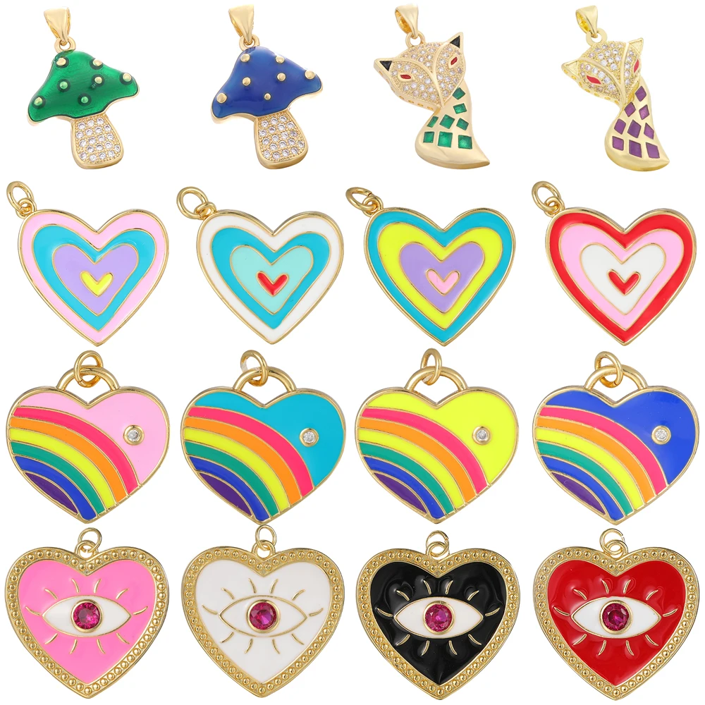 Juya Handmade Colorful Enamel  Mushroom Rainbow Love Heart Evil Eye Charms For DIY Designer Pendant Jewelry Making Supplies