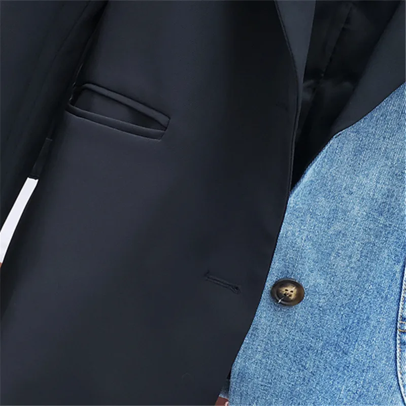 Denim Spliced Women Blazer Jacket High Quality Single Button Black Suit Jacket Loose Fashion Asymmetry Lady Blazer Coat 2021 New