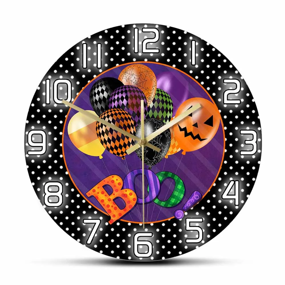 Halloween Balloons Boo Smiling Face Color Printed Wall Clock Scary Sign Ghost Spider Horror Spooky Home Decor Silent Sweep Watch