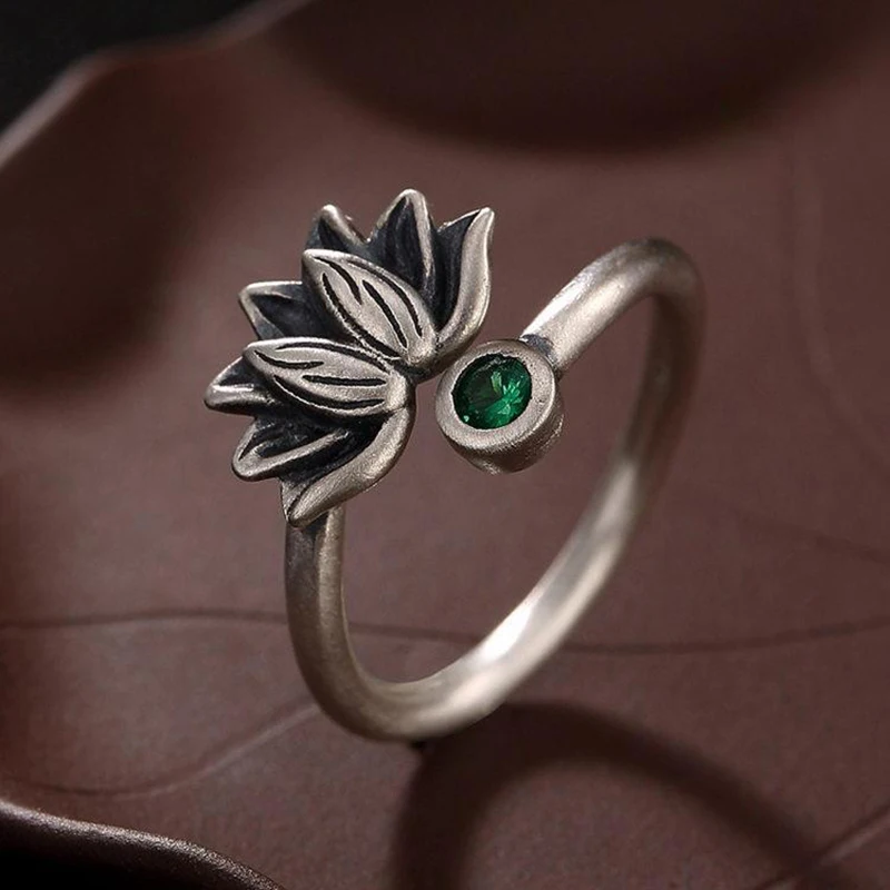 Original design lotus Thai silver retro opening adjustable ring Chinese palace bohemian charm women's brand jewelry