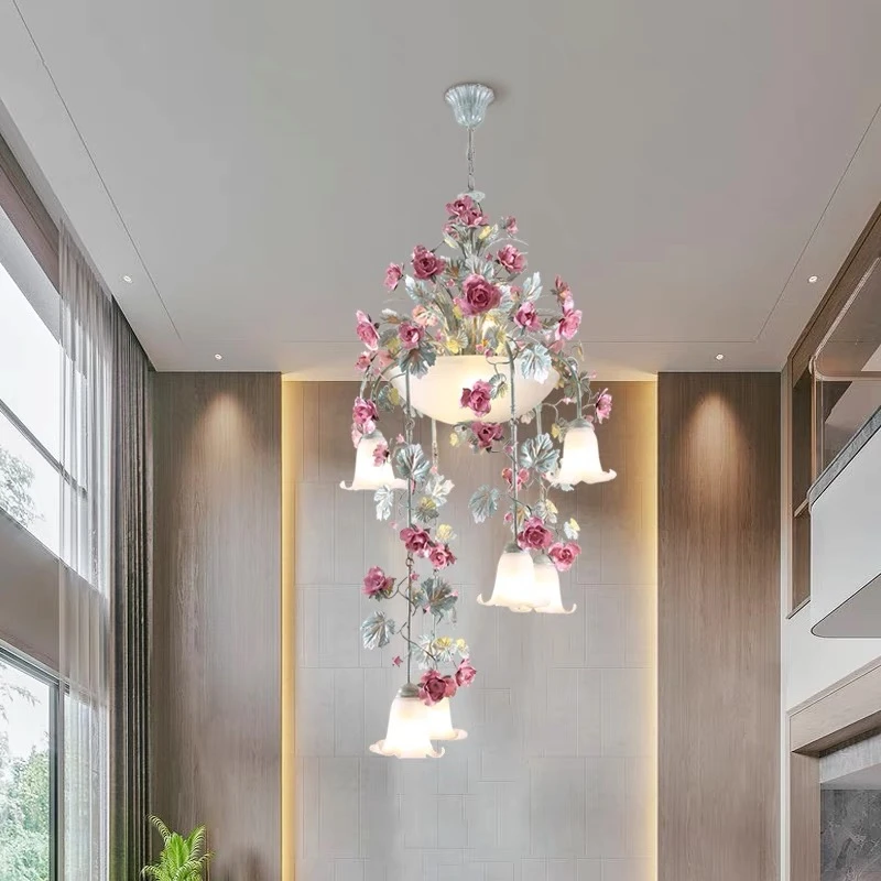 Imagem -04 - Rose Flower Chandelier Lighting Floral Chandelier Stairs Lamp Hanglamp Led Pendant Light Hotel e Café Originalidade Art Deco