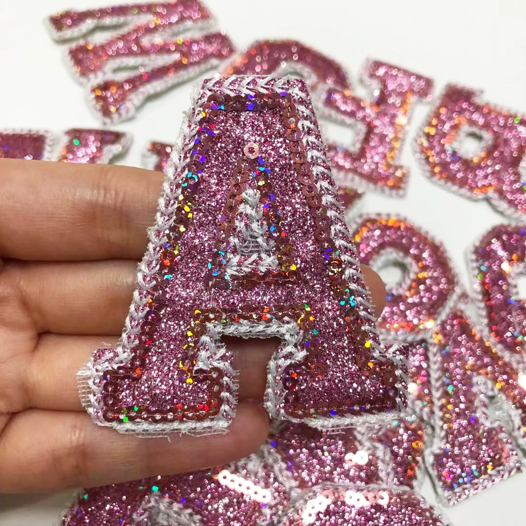 New Pink Sequins Letter Alphabet Patch For Clothes Iron On Garment Accessories Embroidered Applique Decoration Repair Patches