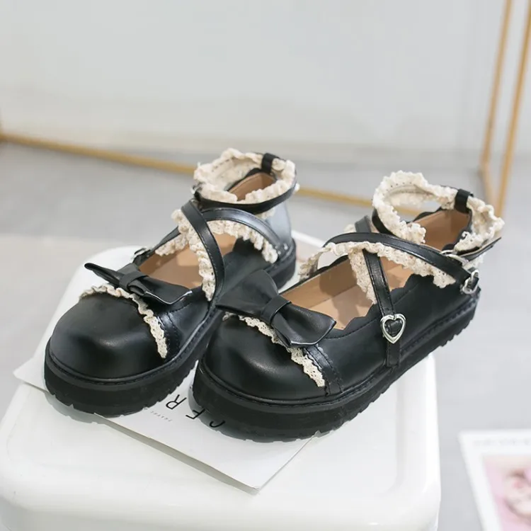 일본 메리 제인 소녀 데일리 빈티지 스위트 로리타 라운드 헤드 버클 여성 신발 레이스 업 Bowknot Kawaii 신발 Loli Cosplay