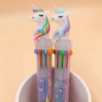 لطيف قوس قزح يونيكورن 10 ألوان قلم حبر جاف Kawaii الكرتون أقلام ملونة مكتب المدرسة صديق فتاة صبي الاطفال القرطاسية هدية