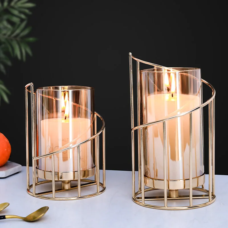 Nordic Metal Geometric Glass Candle Holder Dinner Props Decoration Center Table Crystal Candlestick Wedding Desk Home Decor