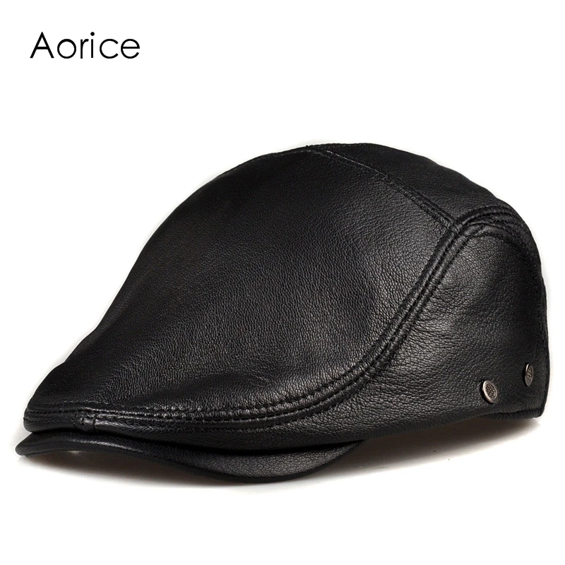 HL170-F Genuine Leather Baseball Cap Hat Men's Winter Warm Brand New Cow Skin Leather Newsboy Caps Hats Black Color