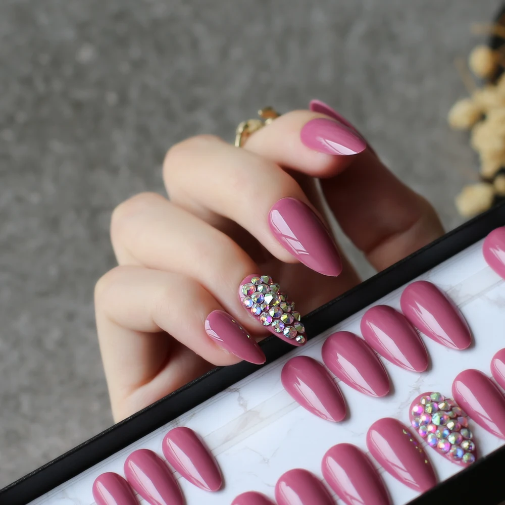 UV glossy wedding  false nails Water droplets shiny Bean red nails stiletto full crystal diamonds Handmade 28pcs full set