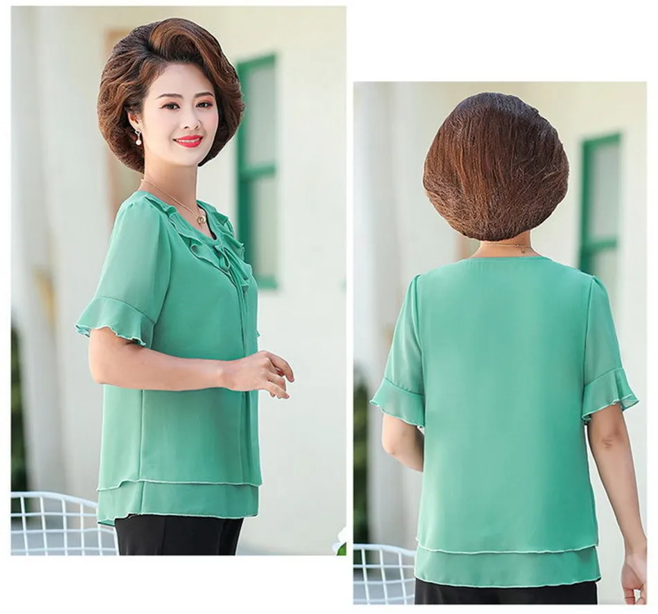 Summer Women Elegant Chiffon Ruffle Shirits Blouses Short Sleeve V-Neck Casual Ladies Solid Tops Blusas MM1512