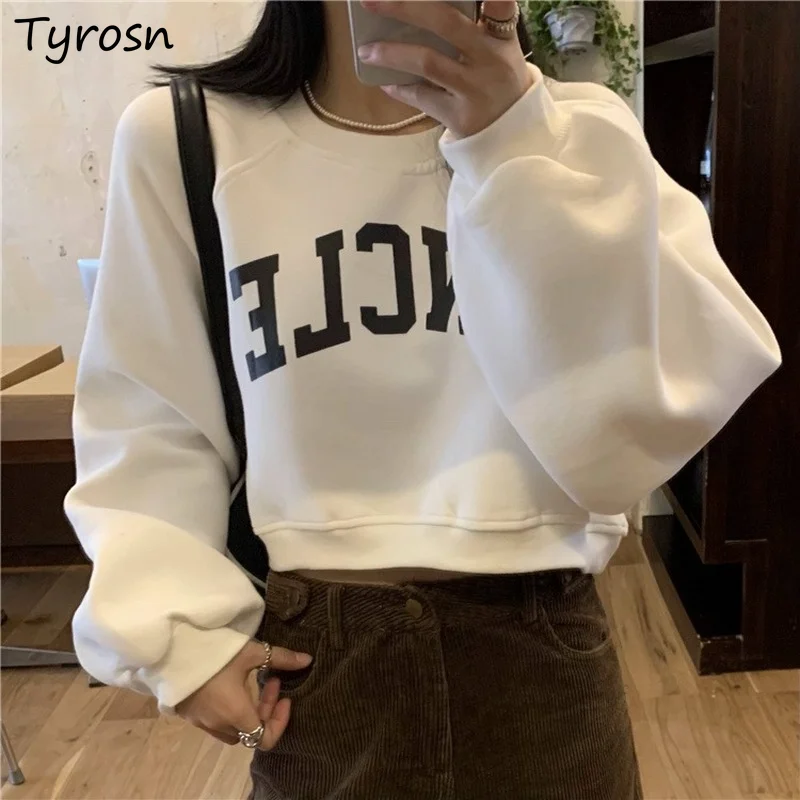 Letter Printing Hoodies Women Loose All-match O-neck Korean Style Casual Long Sleeve Tops High Street Cropped Sweatshirts Mujer