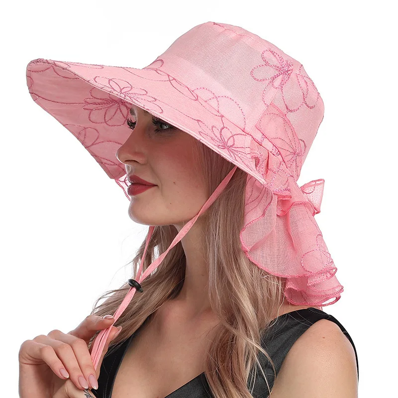 

X107 Fashion Embroidery Organza Hat Foldable Fashion Women's Bucket Hats Wide Brim Neck Protective Sun Caps Adjustable