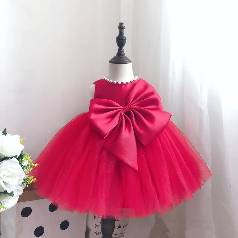 Baby Baptism Dress Beads Red Lace Princess Gown Summer Infant 1 Year Birthday Dress Christmas Party Dress Newborn Girl Clothes