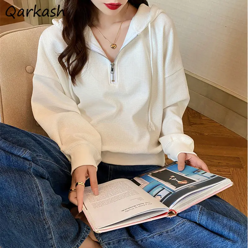 

Hoodies Women Fit Zipper Tender Leisure Hooded Thicker Soft Ulzzang Femme Comfortable Loose Winter Aesthetic Preppy Style Solid