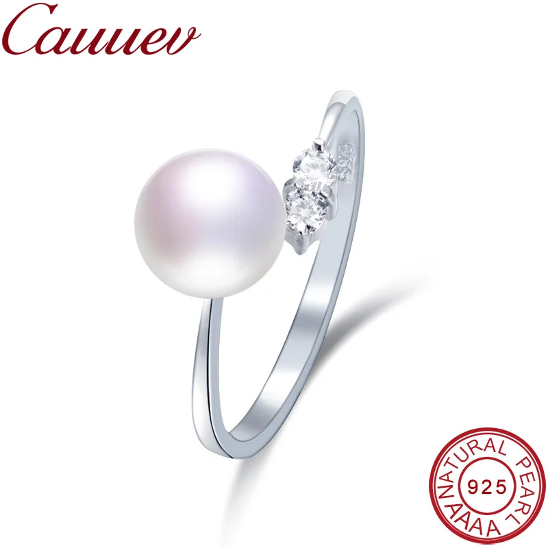 Cauuev  8-9 mm High Luster  100% Natural Freshwater Pearl  Women Engagement Rings AAA Shiny Crystal 925 Sterling Silver  Jewelry