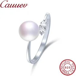 Cauuev  8-9 mm High Luster  100% Natural Freshwater Pearl  Women Engagement Rings AAA Shiny Crystal 925 Sterling Silver  Jewelry