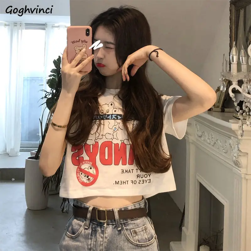 Short Sleeve T-shirts Women Crop Top Cartoon Printed Loose Slender All-match Street Wear Korean Girls New Fashion Casual Chic