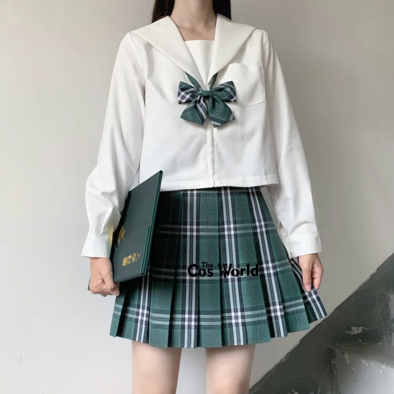 Women's Girl's White Black Summer Long Sleeve Sailor Suits Tops Skirts JK School Uniform Students Cloth