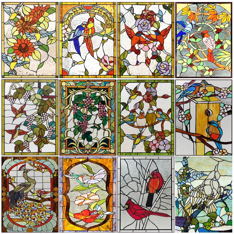 Custom Size Stained Glass Window Film Privacy Tiffany Style Bird and Flower Design Reusable Removable Home-Decor Window Covering