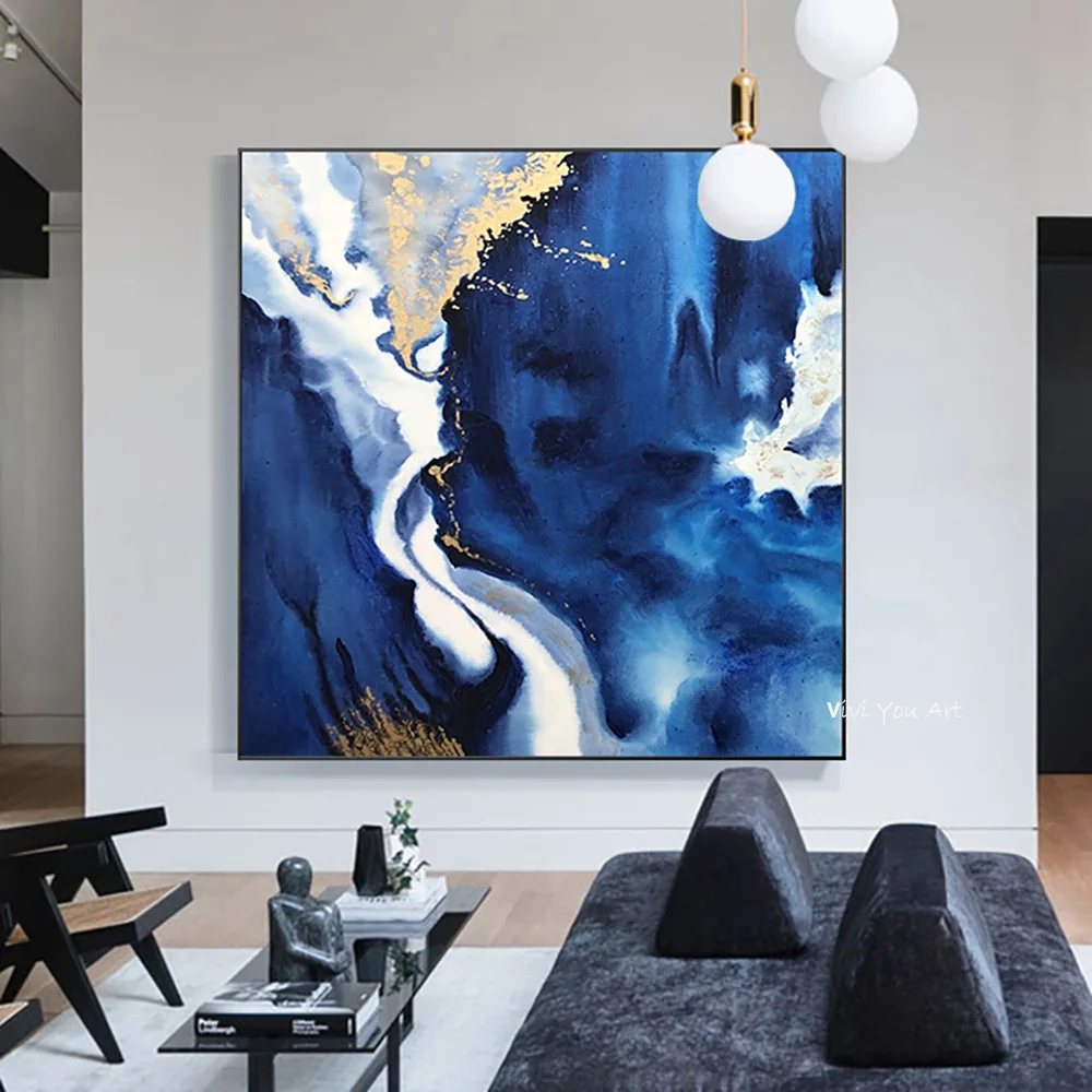 

100% Hand-painted High-Quality Abstract Mural Oil Painting On Canvas Family Living Room Abstract Blue Oil Painting New Product