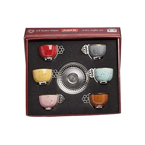 LaModaHome Espresso Coffee Cups with Saucers Set of 6, Porcelain Turkish Arabic Greek Silver Coffee Cups and Saucers, coffee Cup