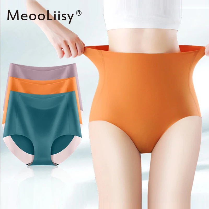 

MeooLiisy Seamless Ice Silk Women's Panties Plus Size Lingerie Abdomen Briefs High Waist Underwear Breathable Underpants