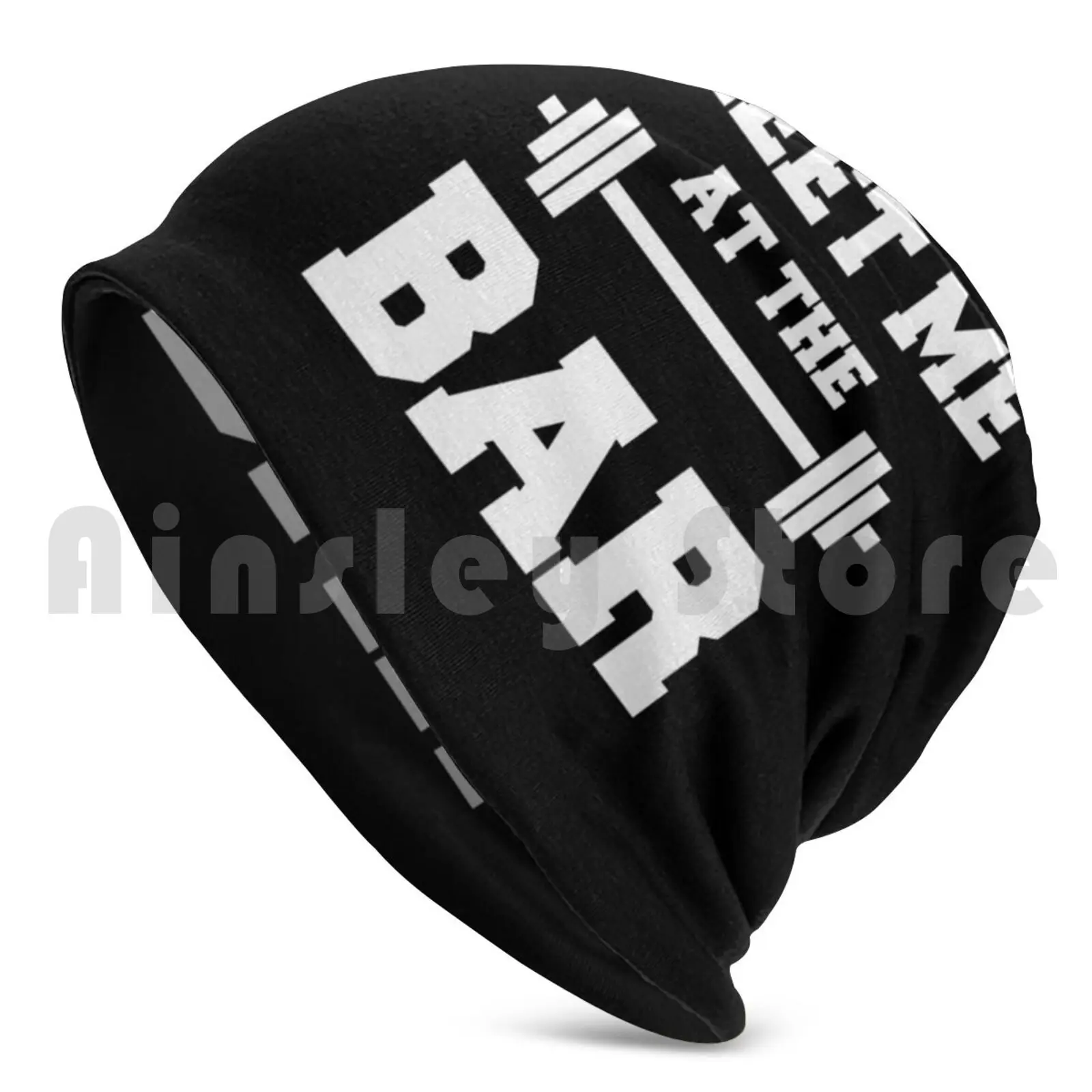 Meet Me At The Bar-Funny Gym Design For Lifters-White Text Beanies Pullover Cap Comfortable Gym Workout Lifting