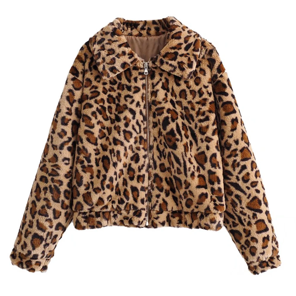 PUWD Fashion Women Leopard Print Plush Short Jacket  2021 Autumn Winter Retro Zipper Leisure Jackets Loose Female Short Outwear