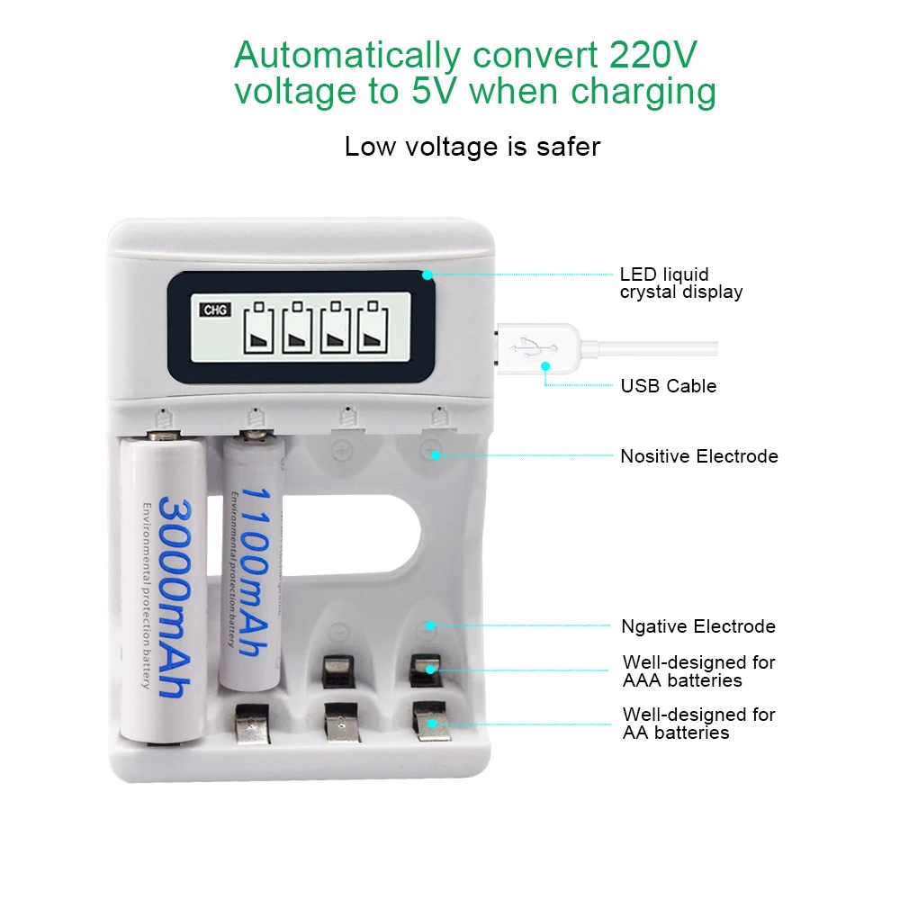 PALO AA AAA rechargeable battery charger 4 slot LCD smart usb charger for 1.2V AA AAA nimh nicd pre-charge batteria