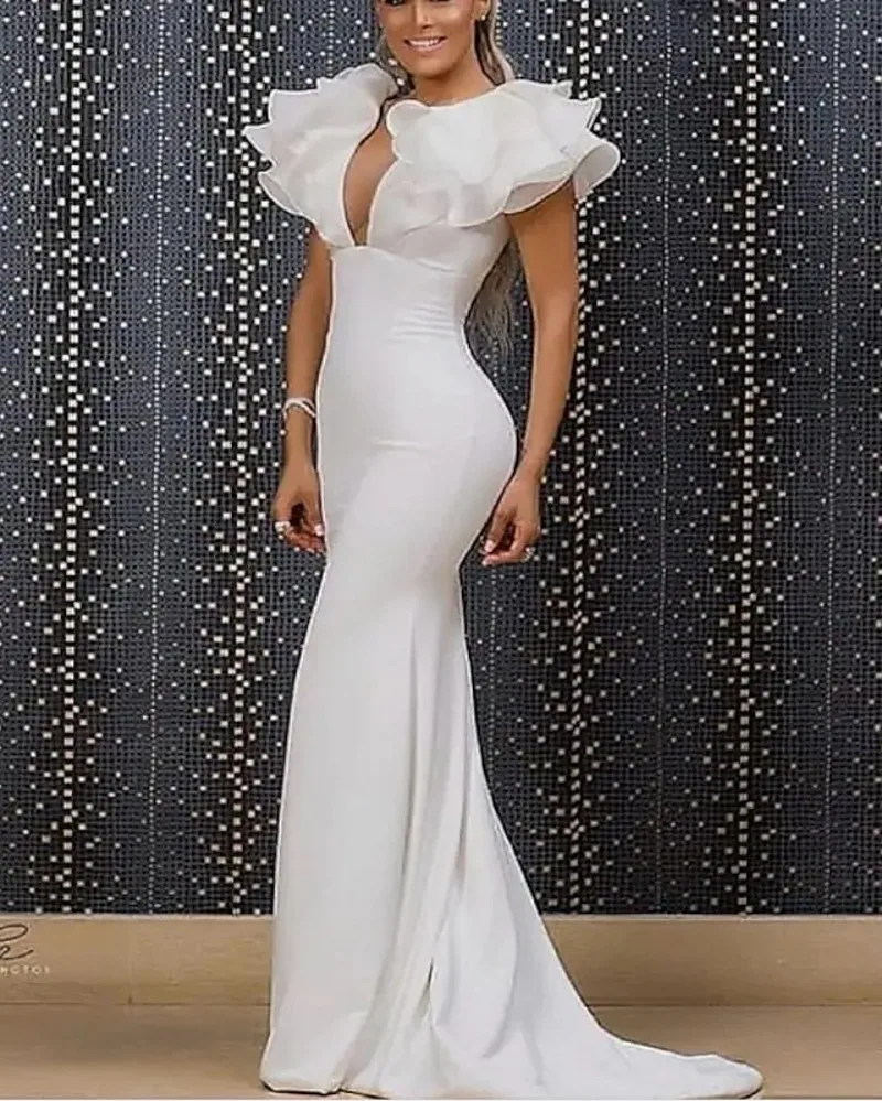 Elegant White Evening Formal Dress V Neck Short Sleeve Ruffles Prom Party Gown Arabic Dubai Vestidos Fiesta Robe De Soiree