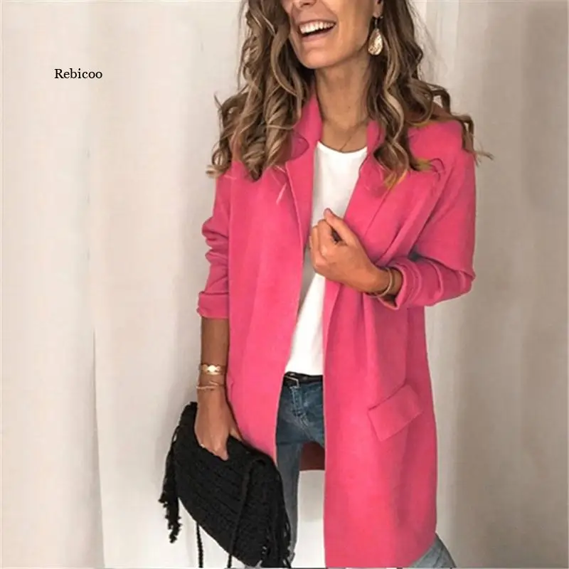 Casual Long Sleeve Elegant Office Ladies Notched Collar Solid Oversized Women Blazer Autumn Jacket 2021 Pockets Female Suit Coat