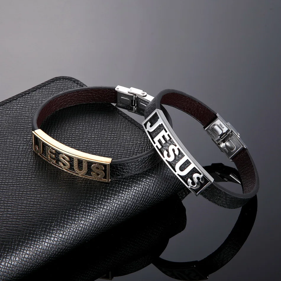 Religious Christian Jesus Bracelets Stainless Steel Leather Cuff Bangles Jewelry Accessories Gifts for Women Men