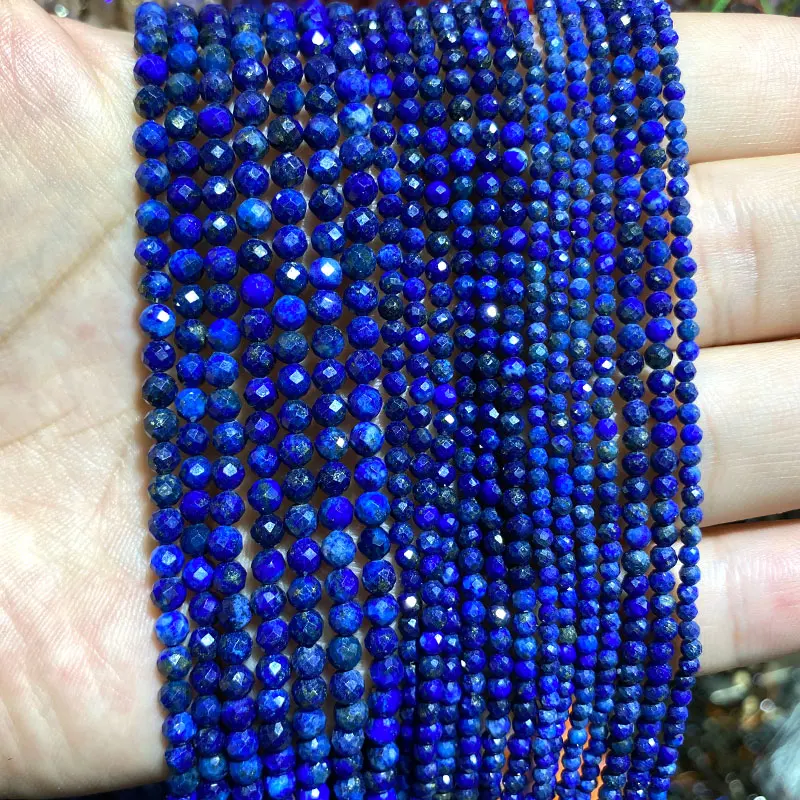 Fine 100% Natural Stone Blue Lapis Lazuli Faceted Gemstone Round Spacer Beads For Jewelry Making  DIY Bracelet Necklace 2/3/4MM