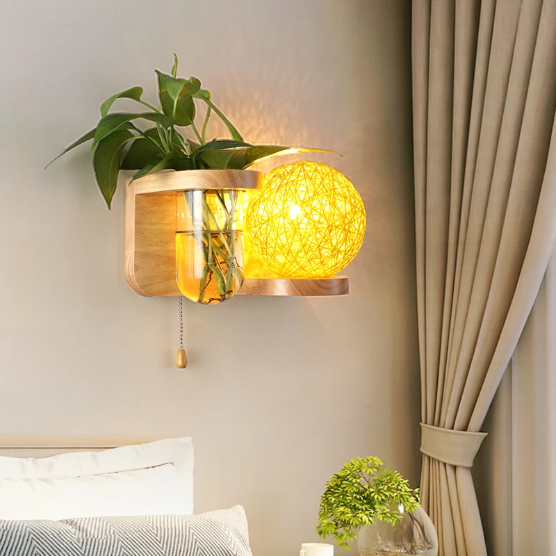 Creative Green Plant Pot Wall Light Home Decor Lamps For Bedroom Dining Room Balcony LED Wall Lamp Wooden E27 Indoor Lighting