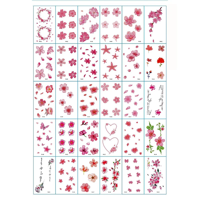 30 Sheet Pink Small Flowers Body Art Chest Water Transfer Waterproof Temporary Tattoo Girl Waist Bracelet Flash Tatoo