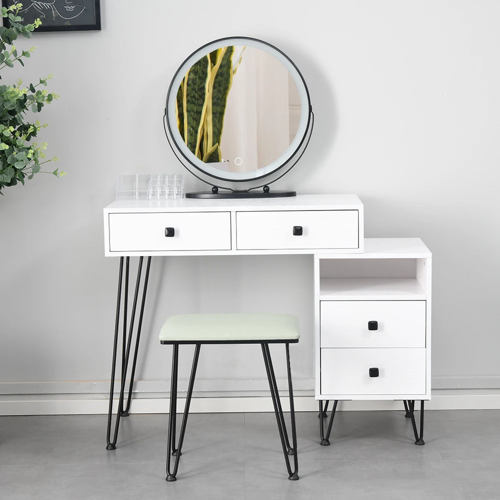 Two Colors (80 x 40 x 130)cm Dressing Table Bedroom Iron Dresser Solid Wood Makeup Desk Storage Cabinet with Dressing Stool