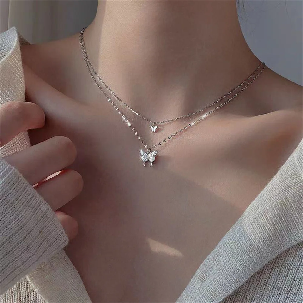 Neue glänzende Schmetterlingskette, exquisite doppellagige Schlüsselbeinkette für Damen, Schmuck als Geschenk für Damen – Detail 1
