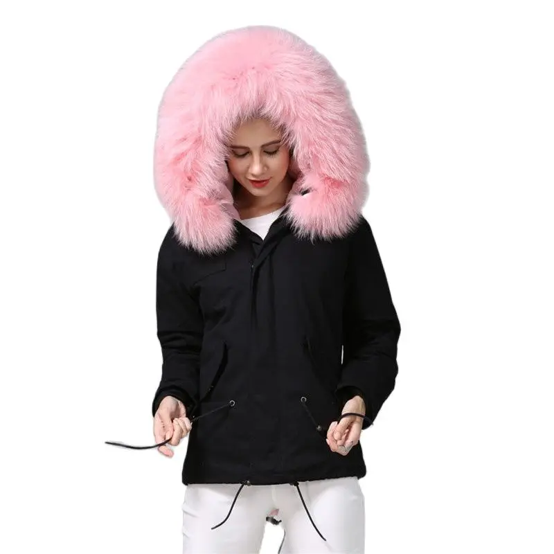 Mhnkro New Arrival Black Cotton Windproof Shell Baby Pink Elegant Color Faux fur Remove Lining Winter Women Fur Coar Wear