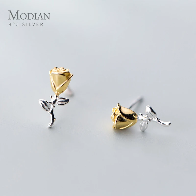 Modian Gold Color Rose Flower Jewelry For Women Charm Tree Leaf Classic Real 925 Sterling Silver Fashion Stud Earrings Gift