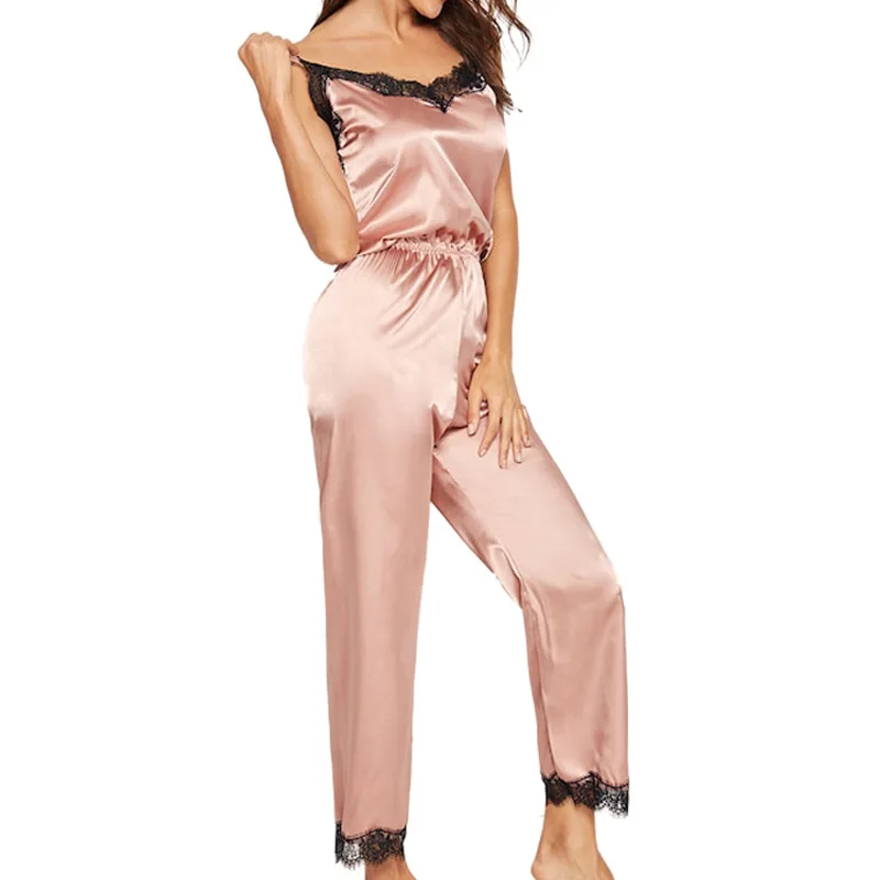 Women\'s Satin Jumpsuit Onesie Pajamas Sexy Sleepwear Comfy Pyjamas Gorgeous Bodysuit Lace Loungewear