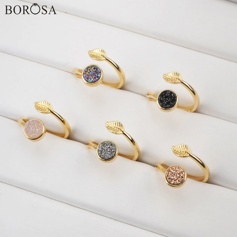 BOROSA 5/10Pcs Round Druzy Rings Rainbow Agates Titanium Druzy Golden Adjustable Ring for Women Engagement Jewelry Gifts