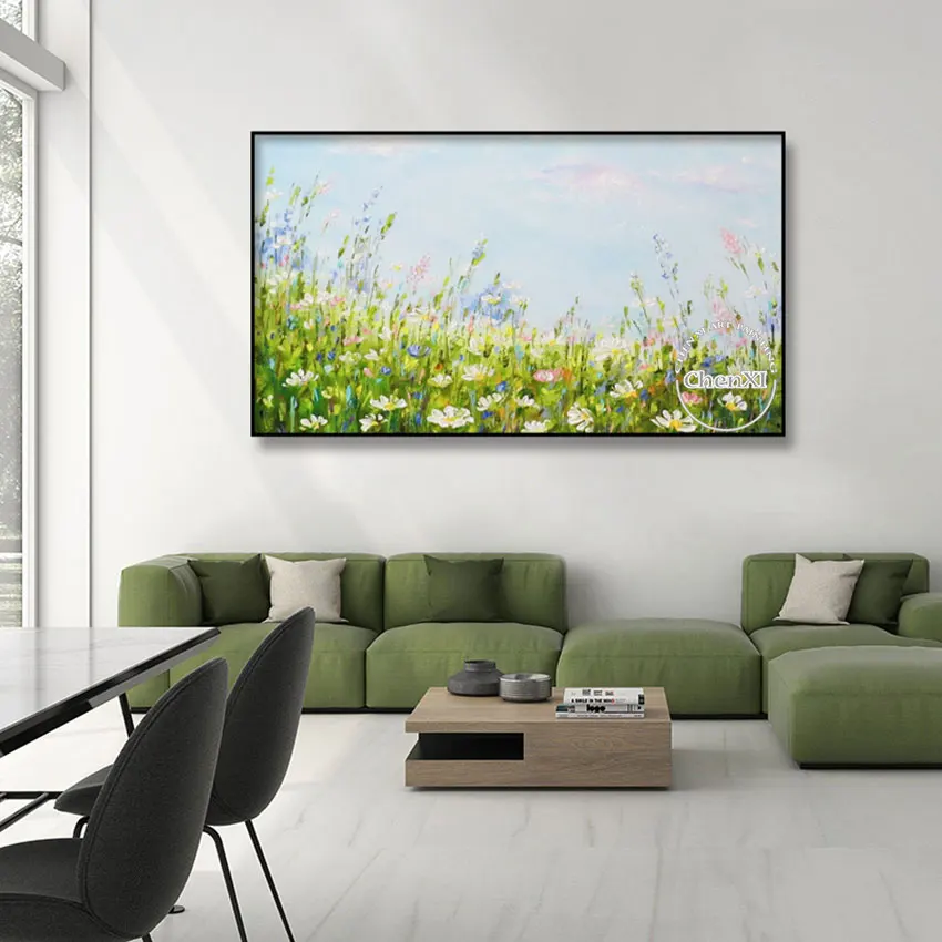 Colorful Flowers On The Grass Bloom Abstract Painting Style Wall Art Canvas, Office Decor, No Framed, High Quality