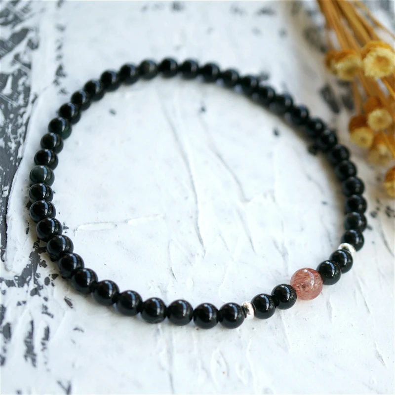 Lii Ji Obsidian Strawberry Quartz Healing Bracelet 925 Sterling Silver for Men Women Good for Love Wisdom Dropshipping