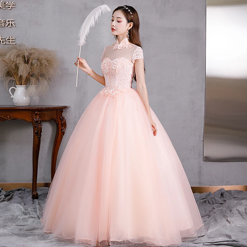 Vestido De quinceañera De tul para fiesta, traje De fiesta con apliques De 15 años, cuello alto, Rosa dulce, 2022